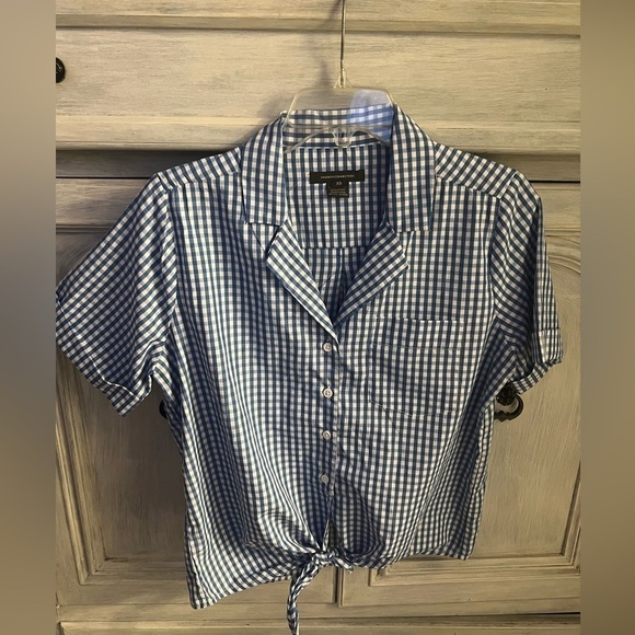 French Connection Blue & White Gingham Plaid Reta Tie Front Oversized Button Up - Picture 2 of 7